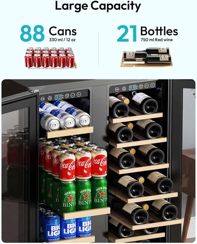 Miniatura 4 de EUHOMY Refrigerador de vino y bebidas, enfriador de vino de doble zona de 24 pulgadas con puerta de vidrio que contiene 21 botellas y 88 latas