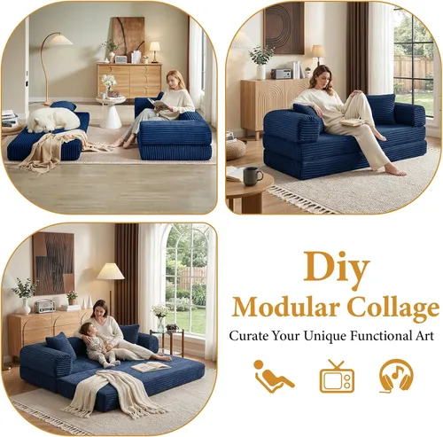 Miniatura 5 de 4-in-1 Convertible Folding Sleeper Sofa Bed, Fold Out Floor Sofa Couch with Fixed-Shape Frame, Cloud Corduroy Foldable Mattress Couch for Living