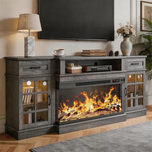 Miniatura 12 de MXV Soporte de TV con chimenea de 70 pulgadas, chimenea de vidrio de 3 lados y centro de entretenimiento moderno, consola multimedia de madera
