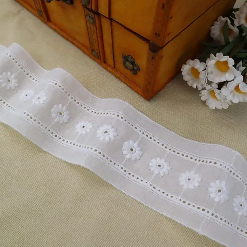 Ribete de encaje de algodón blanco con ojales para costura para manualidades, vestidos, ropa de bebé, bolsa de 4.8 yardas