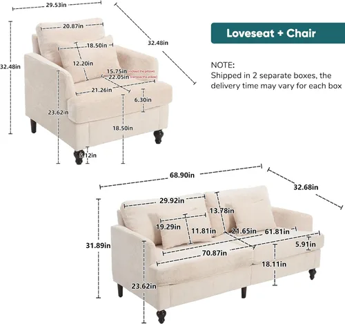 Miniatura 2 de JOYBASE Juego de 2 muebles de sala de estar, sofá biplaza y silla decorativa, juego de sofá moderno de mediados de siglo para sala de estar