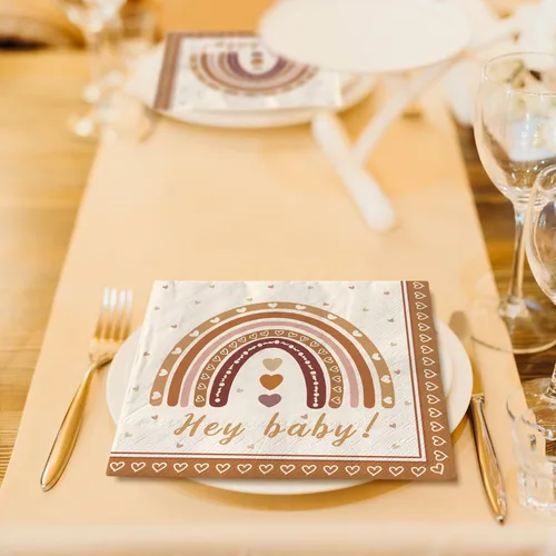 Miniatura 7 de AnyDesign Paquete de 80 servilletas de papel boho arcoíris Hey Baby Party Luncheon Servilletas retro desechables decorativas para baby shower
