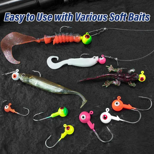 Miniatura 6 de Alwonder Paquete de 10 cabezas redondas de pesca, ganchos de róbala de lubina, ojos 3D, acero de alto carbono, 1/8-1/2 onzas, cabeza de plantilla