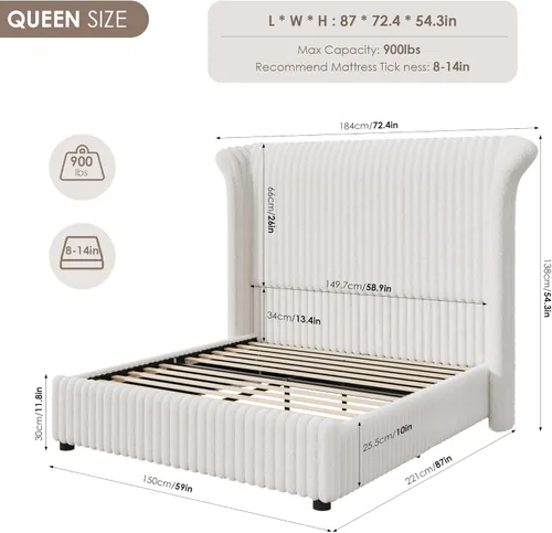 Miniatura 2 de Keyluv Marco de Cama Queen con Cabecera Alta Tipo Ala de Piel Sintética de 54", Cama Plataforma Tapizada con Luz LED, Base de Colchón con Soporte