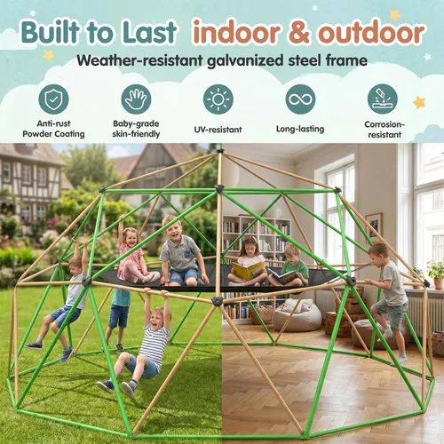 Miniatura 7 de Gardenature Cúpula de escalada de 13 pies con hamaca y columpio, gimnasio de selva al aire libre para niños, cúpula geométrica que soporta 880
