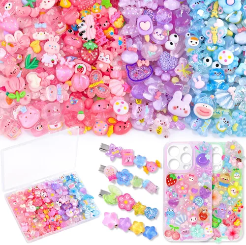 100 dijes de slime de gelatina de resina con parte trasera plana para slime, dijes Kawaii aleatorios para adornos de teléfono, caja de basura a