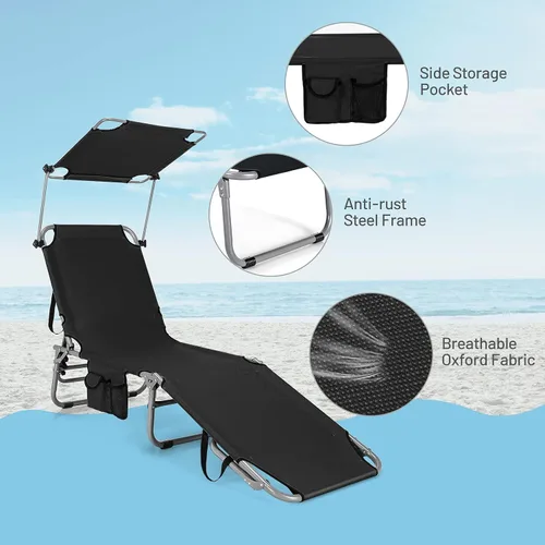 Miniatura 7 de Giantex Tumbona plegable para exteriores, silla de bronceado portátil con 5 posiciones ajustables, toldo de 360°, bolsillo de almacenamiento