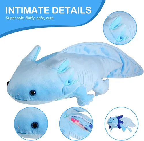 Miniatura 3 de Peluche de ajolote azul con 2 pequeños animales de peluche de ajolote, juego de 3 piezas de animales de peluche suaves con cremalleras, mamá axolote