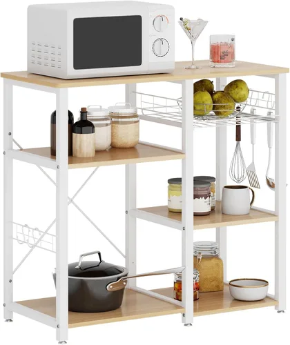 Miniatura 10 de soges Estante de panadero de cocina de 3 niveles, soporte utilitario para horno microondas, carrito de almacenamiento, estante de estación de Blanco