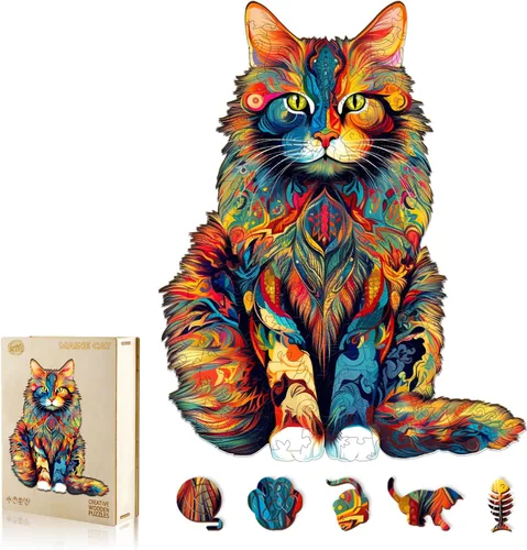 WOODBESTS Rompecabezas de madera para adultos – Maine Coon, rompecabezas de madera de gato, rompecabezas únicos de madera de animales para adultos,