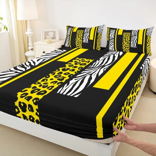 Miniatura 12 de Sábana bajera ajustable con estampado de leopardo, tamaño individual, juego de ropa de cama rústica con rayas de piel de cebra, decoración