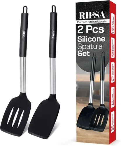Juego de 2 espátulas de silicona – Paquete de 2 espátulas de cocina ranuradas antiadherentes, resistentes al calor para freír, hornear, sin BPA,