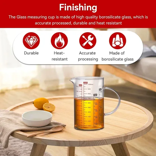 Miniatura 2 de Taza medidora de vidrio transparente, taza medidora de vidrio con tapa Taza medidora con escalas de medición y boquilla para cocina o restaurante