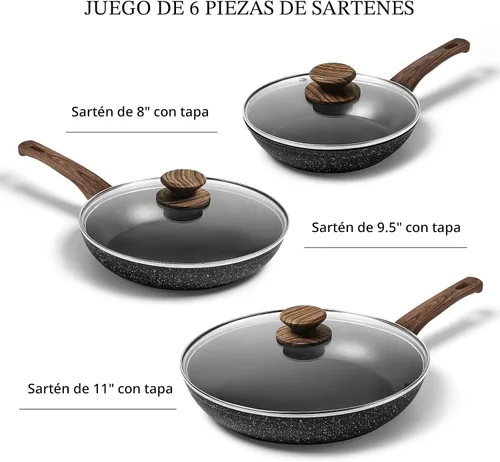 Miniatura 7 de Juego de sartén – 3 sartenes antiadherentes con tapas, sin PFOA, compatible con inducción, color negro