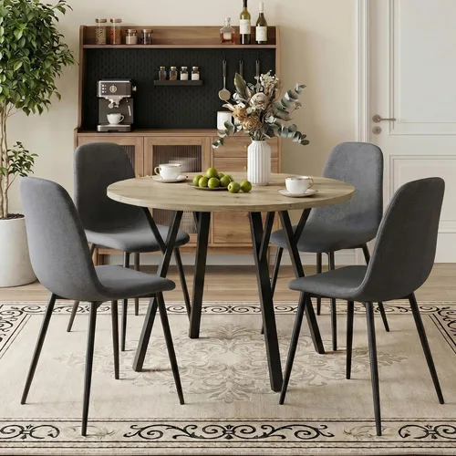 Juego de mesa de comedor redonda para 4, mesa de cocina redonda rústica de 36 pulgadas y 4 sillas de comedor de lino y algodón gris oscuro, marco de