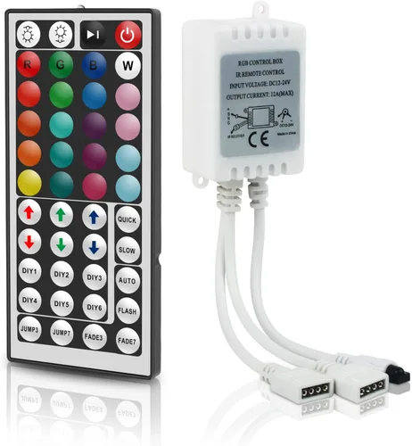 RGBZONE Controlador LED RGB de 4 pines, controlador LED de bajo voltaje de 2 puertos, control remoto inalámbrico IR de 44 teclas, luces de tira LED