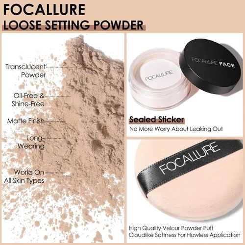 Miniatura 2 de FOCALLURE Polvo Facial Suelto de Control de Grasa, Polvo Fijador Suelto Translúcido, Polvo de Acabado Mate Sin Brillo, Fija el Maquillaje de Base