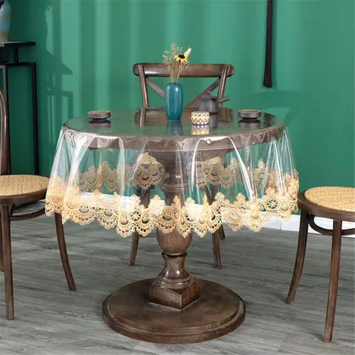 Miniatura 12 de Mantel redondo de plástico transparente, impermeable, de vinilo, PVC, bordado, borde de encaje, transparente, para cocina, uso en exteriores e