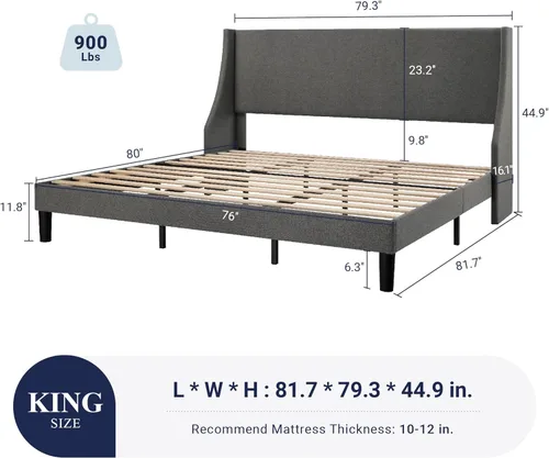 Miniatura 2 de Allewie Estructura de Cama de Plataforma Tamaño King con Cabecera Tapizada – Diseño Moderno Deluxe con Respaldo Alado, Soporte de Listones de Gris
