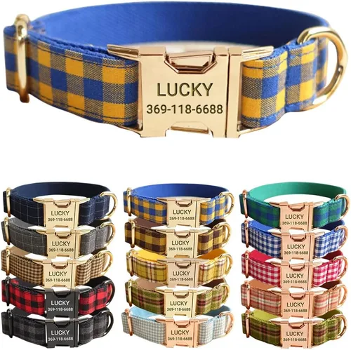 Miniatura 12 de PETDURO Collar de Perro a Cuadros Personalizado Verde Manzana - Nombre y Número de Teléfono Grabados en Hebilla de Metal Oro Rosa - Personalizado