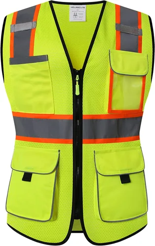 Miniatura 2 de Chaleco de seguridad para mujeres, chaleco de trabajo reflectante de alta visibilidad con 9 bolsillos múltiples y cremallera Amarillo