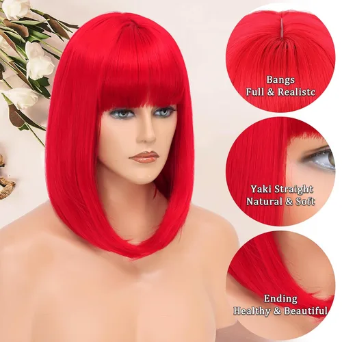 Miniatura 2 de Colorful Queen Pelucas rojas estilo Bob para mujer, peluca corta de 14 pulgadas con flequillo, peluca sintética recta Yaki, aspecto natural