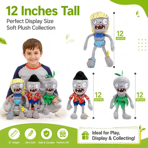 Miniatura 3 de Dyharnsty Juego de 3 bonitos juguetes de peluche de zombi, muñeca de peluche de PVZ para niños, grandes regalos para niños y fanáticos