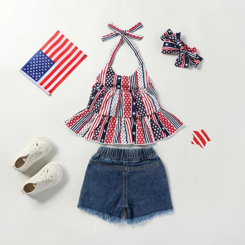 Miniatura 3 de Noubeau Traje de niña del 4 de julio con diseño de bandera americana, top halter para niñas, jeans rasgados, pantalones cortos de mezclilla, ropa