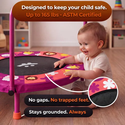 Miniatura 2 de Happin® 36'' Toddler Trampoline Indoor, Foldable Mini Trampoline for Kids Ages 2-6, ASTM Certified, Adjustable Handle, Safety Pad for Indoor &
