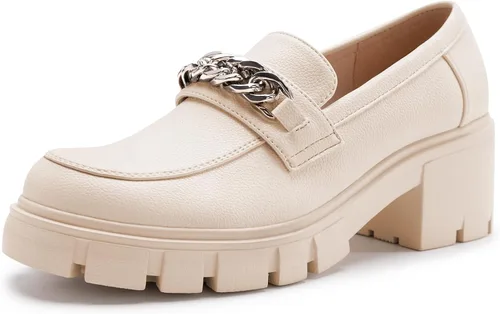 Athlefit Mocasines de plataforma para mujer, sin cordones, suela gruesa, con cadena y punta redonda, zapatos de trabajo de negocios