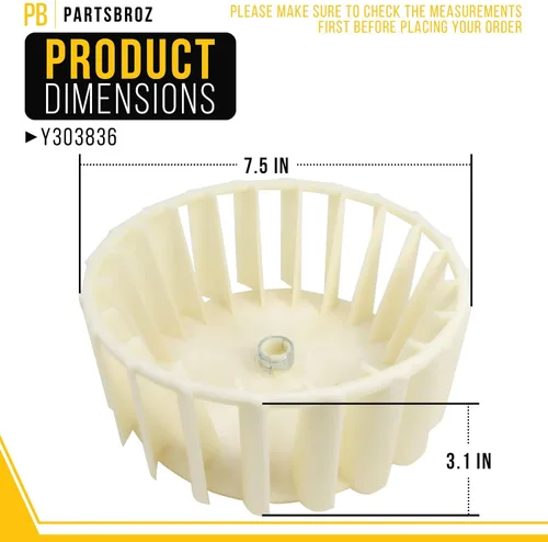Miniatura 2 de PartsBroz Y303836 Rueda sopladora de secadora con abrazadera para Whirlpool Maytag Part AP4294048 PS2200270 303836 312913 3-12913 1245880 312913