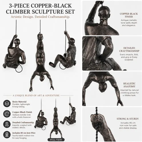 Miniatura 5 de Gran conjunto de 3 esculturas de pared de hombres escalando Arte decorativo de pared nórdica de simplicidad moderna, esculturas de hombre escalador