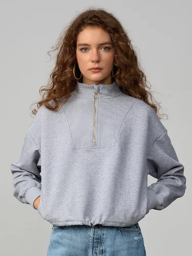 Miniatura 3 de SILKWORLD Sudadera corta con cremallera de un cuarto para mujer, manga larga, cuello alto, cordón ajustable, con bolsillos