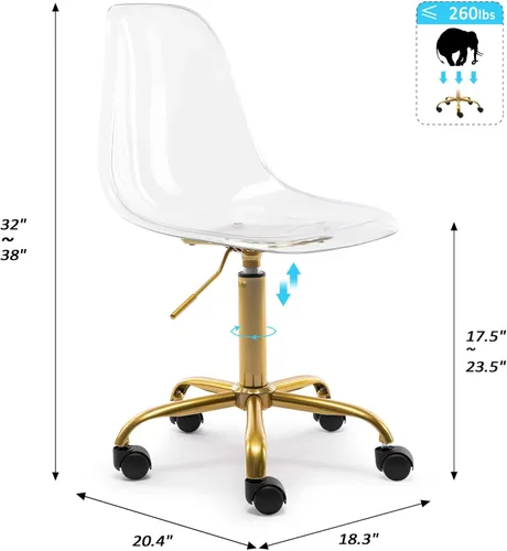 Miniatura 2 de HOMEFUN Silla de escritorio transparente, acrílico rodante sin brazos, giratoria, altura ajustable, fantasma, moldeado, plástico, sillas de oficina