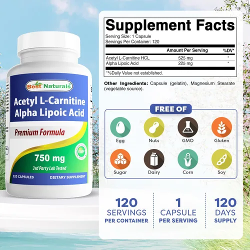 Miniatura 2 de Best Naturals Acetil L-carnitina y ácido alfa lipoico 750 mg 120 cápsulas (120 unidades (paquete de 3))