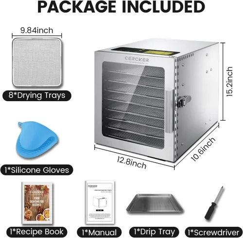 Miniatura 6 de Cercker - Máquina deshidratadora de alimentos con 8 bandejas de acero inoxidable, deshidratador de 500W para charqui, secador de hongos a 190ºF