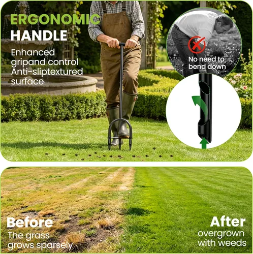 Miniatura 3 de Herramienta de aireación manual para el césped – Aireador de suelo manual resistente con 3 dientes huecos, removedor de tapones de césped y jardín