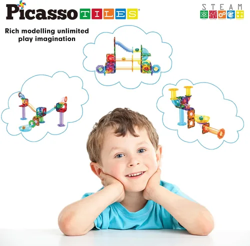 Miniatura 6 de PicassoTiles Carrera de Canicas Juego de 60 piezas, pista de carreras, bloques de construcción magnéticos, juguete educativo, kit de construcción