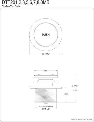 Miniatura 2 de Kingston Brass DTT200MB - Drenaje de bañera con punta de punta 2-7/16 "~ 2-3/16" Cromo pulido