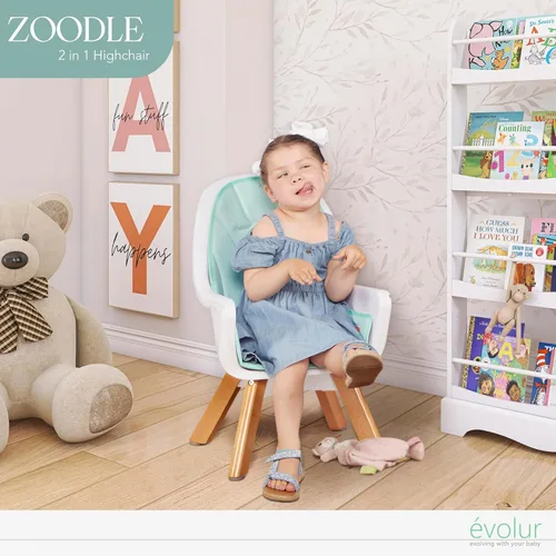 Miniatura 6 de évolur Zoodle - Silla alta 3 en 1 en color menta, silla de alimentación convertible de madera para bebé con bandeja extraíble apta
