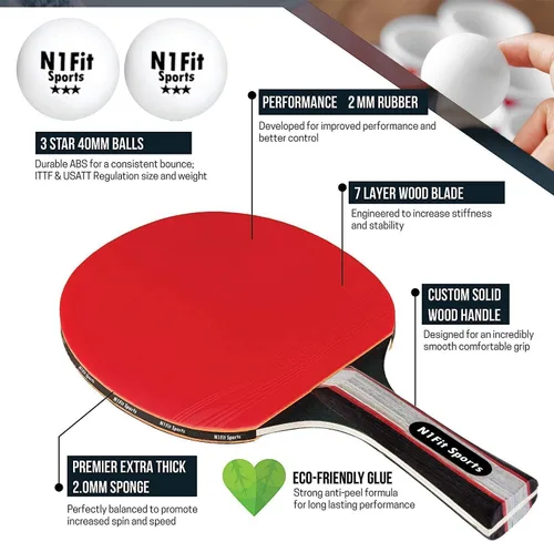Miniatura 3 de N1fit Paletas de ping pong – Juego de 4 raquetas de alto rendimiento de 5 capas, 8 pelotas de tenis de mesa profesionales de 3 estrellas, estuche