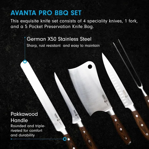 Miniatura 2 de Messermeister Avanta - Juego de 6 piezas forjadas para barbacoa, acero inoxidable alemán X50, incluye 5 cuchillos de barbacoa esenciales y bolsa