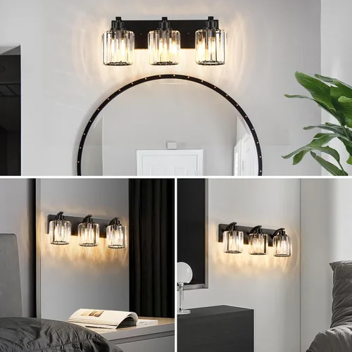 Miniatura 6 de 3 luces de cristal para tocador de baño, moderna lámpara de baño negra sobre espejo, luces de tocador para dormitorio, baño, pasillo, base E26