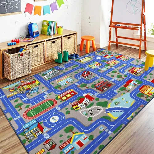 Miniatura 16 de Capslpad Alfombra Azul de Coche y Carretera para Niños, Alfombra de Juego para Sala de Juegos, Alfombra Antideslizante Lavable con Mapa de la Ciudad