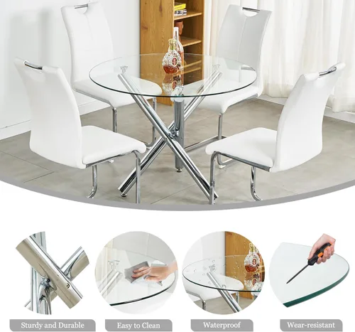 Miniatura 5 de Moderno juego de mesa redonda de cristal para 2, juego de mesa de cocina de círculo pequeño de 36 pulgadas con 2 sillas de comedor de piel sintética