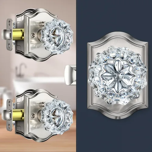 Miniatura 24 de Pomos de puerta de cristal para interiores, pomos de puerta de cristal de latón envejecido con cerradura para uso de privacidad, pomos de puerta