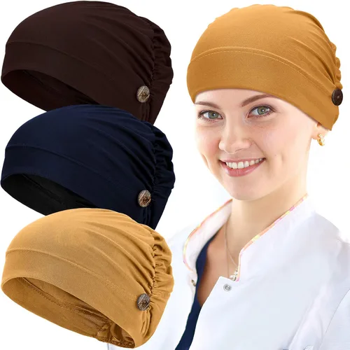 Miniatura 8 de Geyoga Gorras Bouffant con botones, unisex, elástica, turbante con botones para mujer, 3 piezas, Negro, Talla única