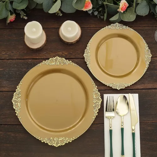 Miniatura 4 de Tableclothsfactory Paquete de 10 platos redondos de plástico barroco dorado de 8 pulgadas para ensalada de postre, vajilla desechable con borde