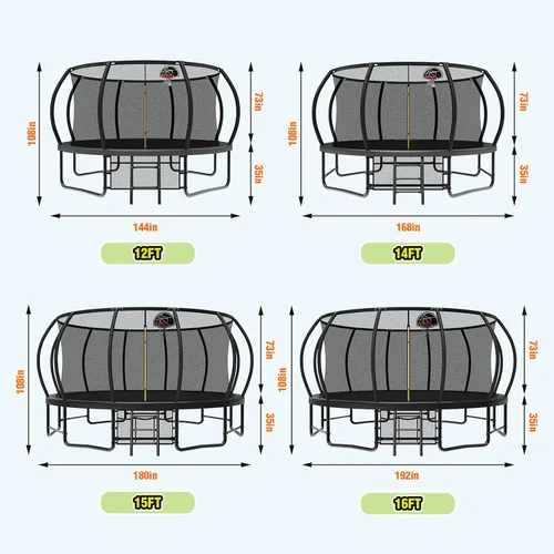 Miniatura 7 de Lyromix 12 14 15 16 pies, camas elásticas al aire libre para niños y adultos, trampolín de calabaza con postes curvos, trampolín recreativo con aro