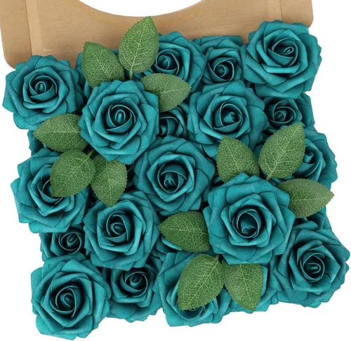 N&T NIETING - Rosas artificiales de espuma, color verde pavo real, con tallo, 25 unidades, para bricolaje, decoración del hogar, interiores,